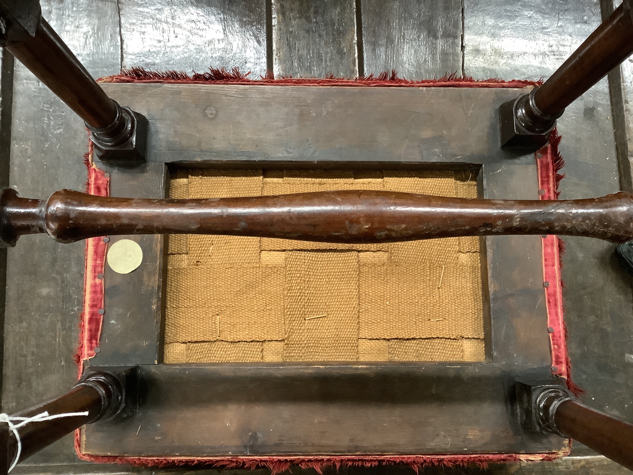 A George III turned mahogany stool with later Turkish bullion work embroidered seat, length 42cm, depth 32cm, height 37cm